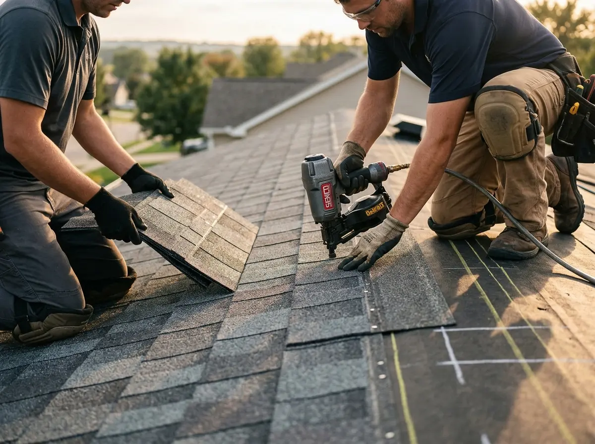 Professional roofer working on a residential roof in Medulla